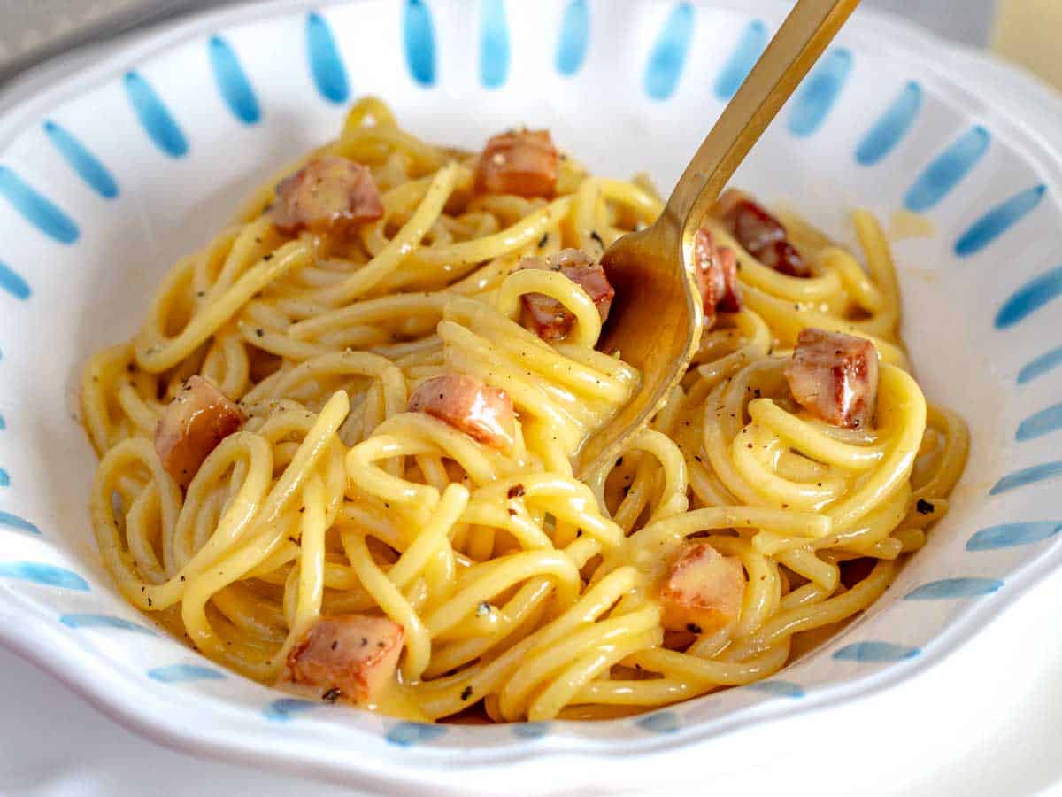 Spaghetti alla carbonara how they make it in Rome, Italy.