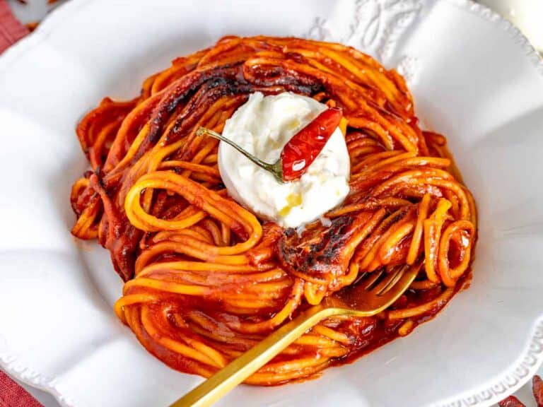 spaghetti all'assassina with burrata on top