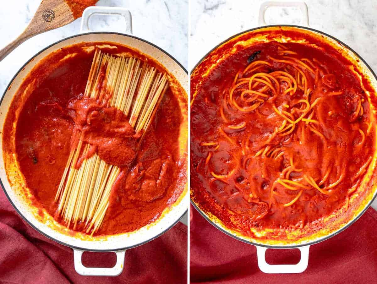 Spaghetti all'Assassina in a skillet cooking