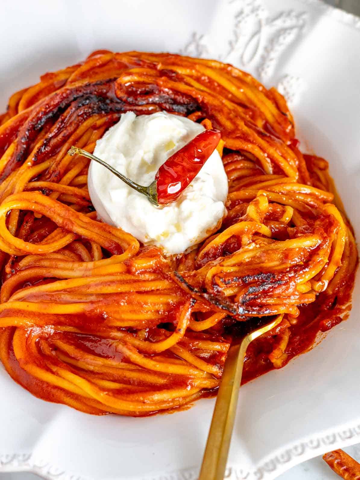 spaghetti all' assassina with a golden fork and burrata cheese