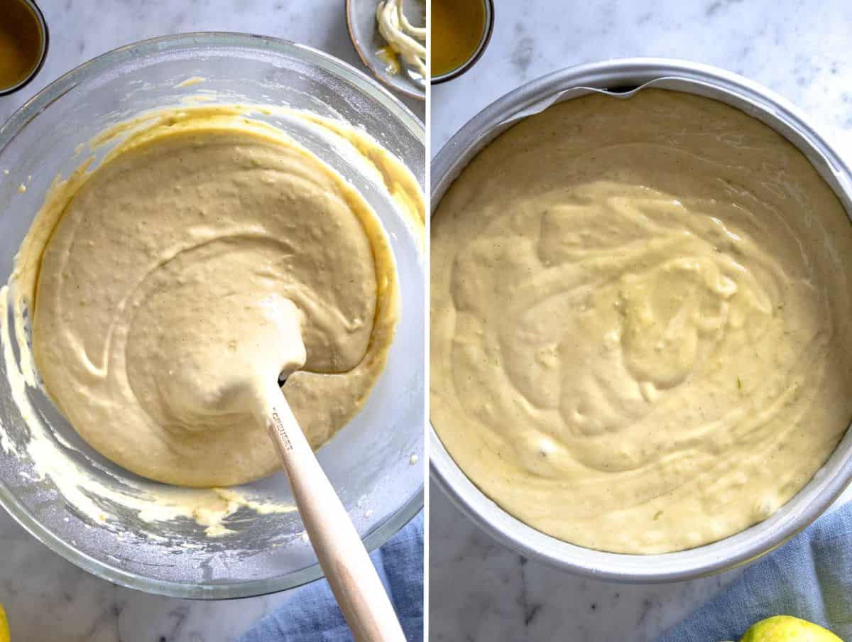 olive oil cake batter before and after pouring in a cake pan