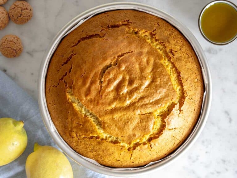 olive oil cake after baking in a cake pan