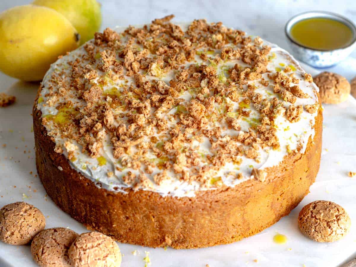 olive oil cake with crushed amaretti cookies and lemon zest