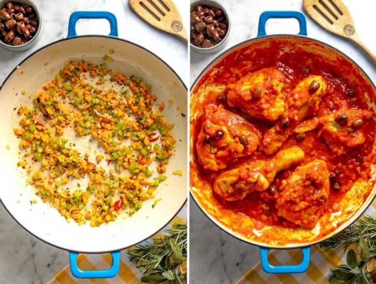 Cooking the vegetables and adding the chicken and tomatoes.