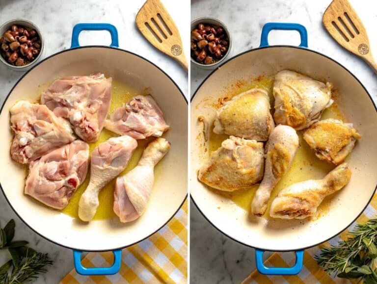 Searing the chicken thighs and drumsticks in a skillet.