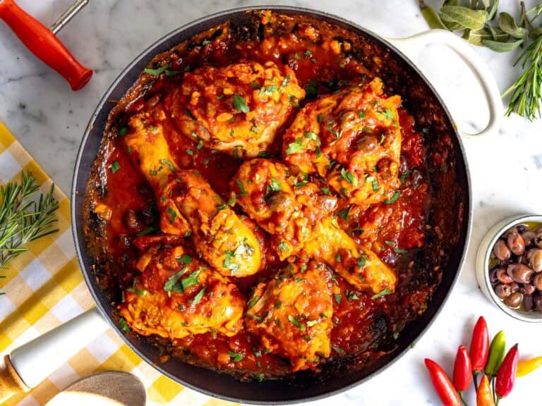 Chicken cacciatore in a skillet.