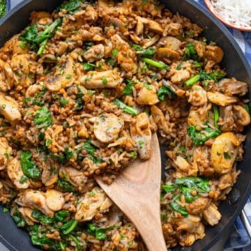 Feature image Mediterranean chicken and rice stir fry served warm in a large skillet.
