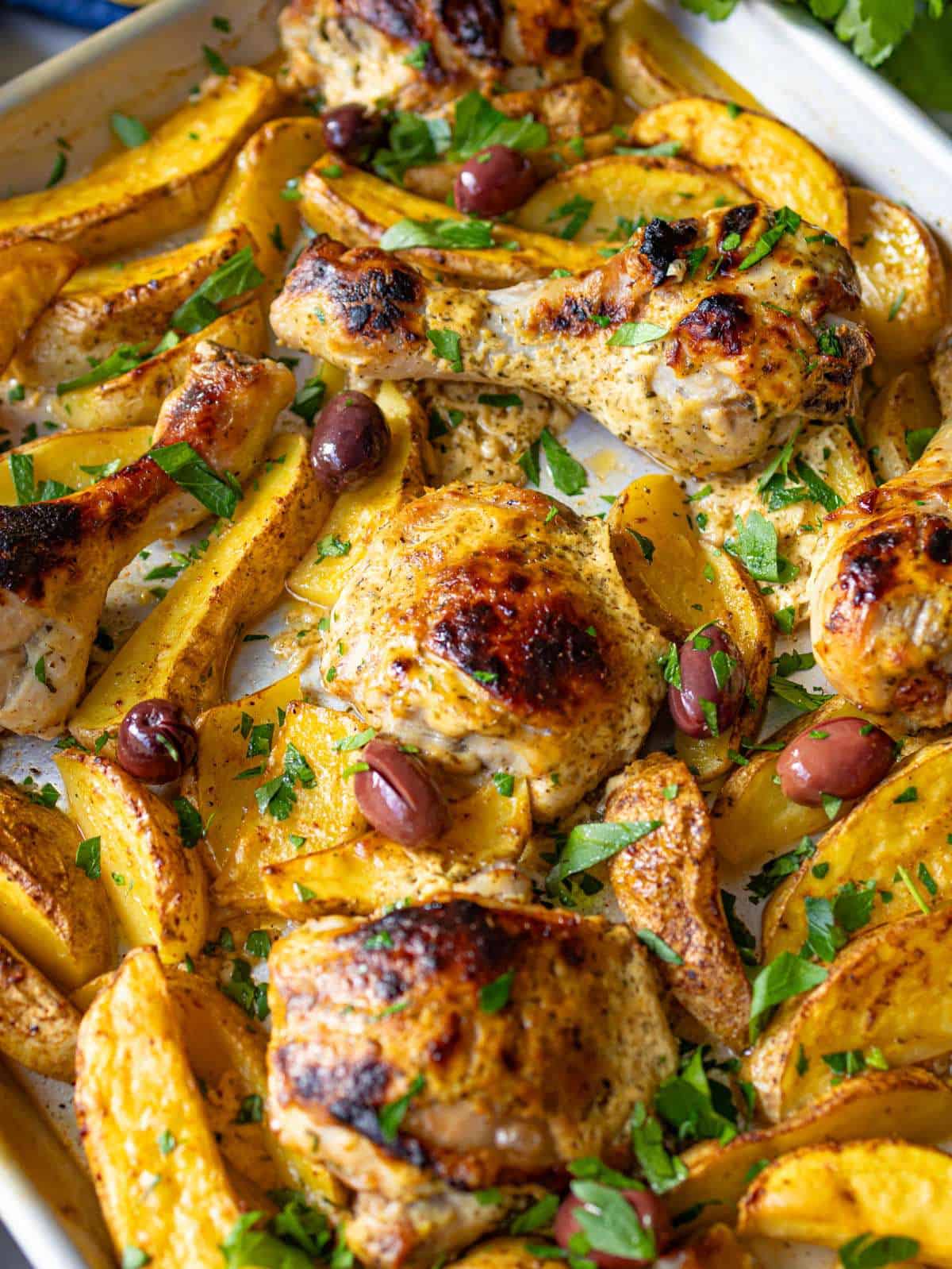 Close-up of Easy Greek Lemon Chicken and Potatoes with crispy edges and bright lemon flavor.