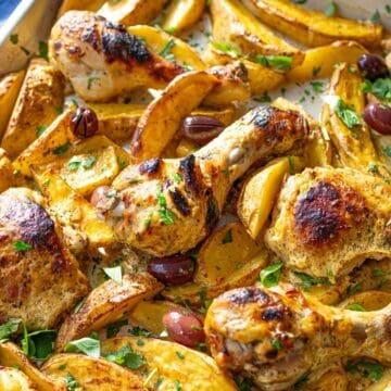 Easy Greek Lemon Chicken and Potatoes on a sheet pan for an easy Mediterranean dinner.