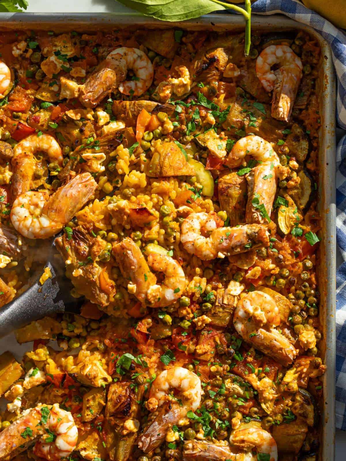 Finished paella top down view of easy oven baked shrimp paella.