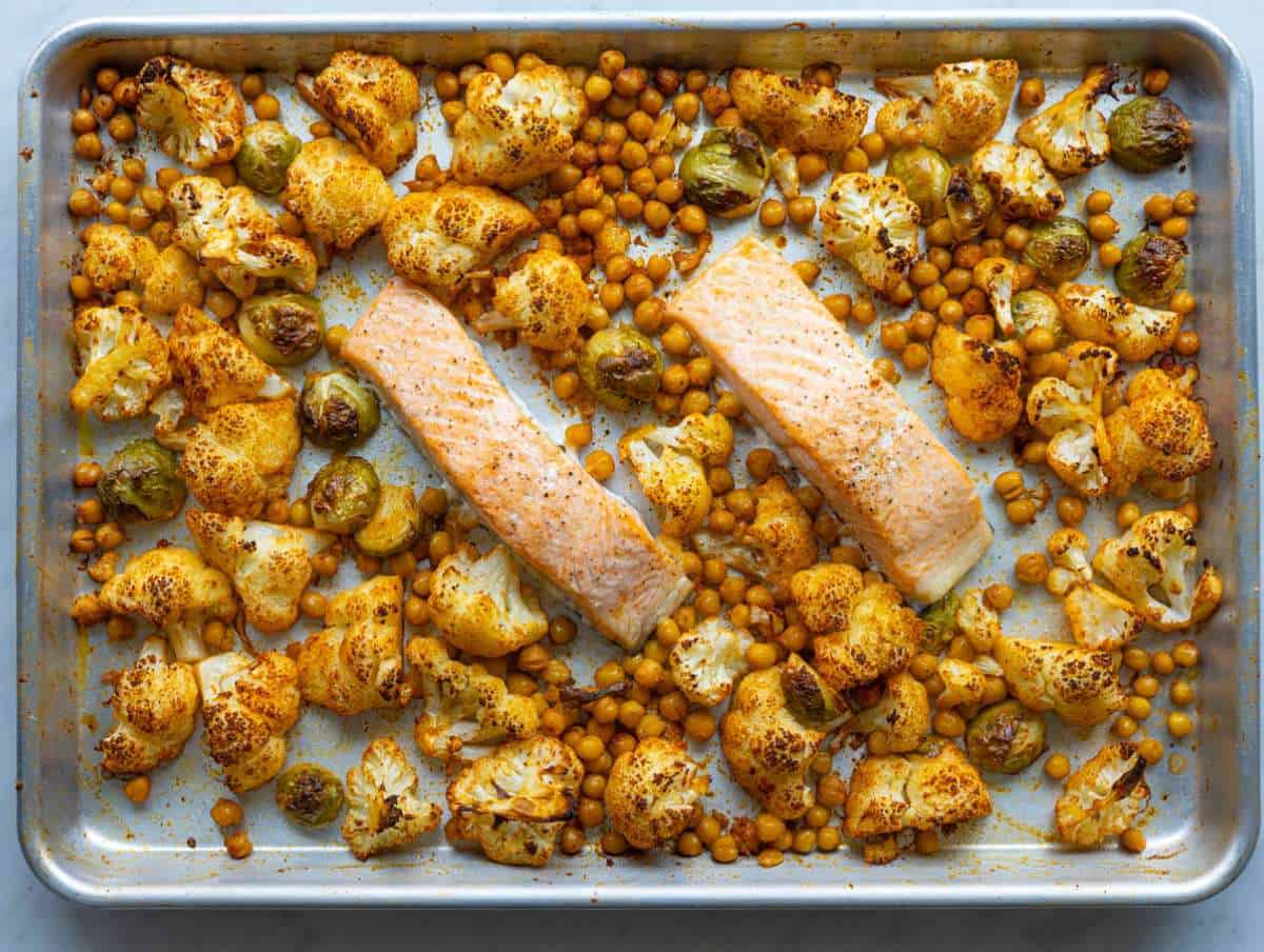 Step 2 salmon added to the pan with the vegetables and roasted for 12 minutes.