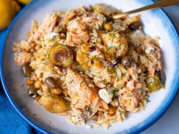 Step 5 Finished salmon orzo served warm with feta dill and lemon.