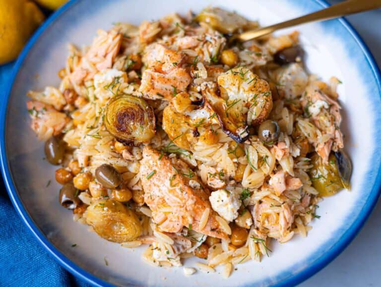 Step 5 Finished salmon orzo served warm with feta dill and lemon.