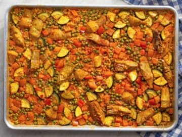 Step three baking the paella until rice is tender and liquid absorbed.