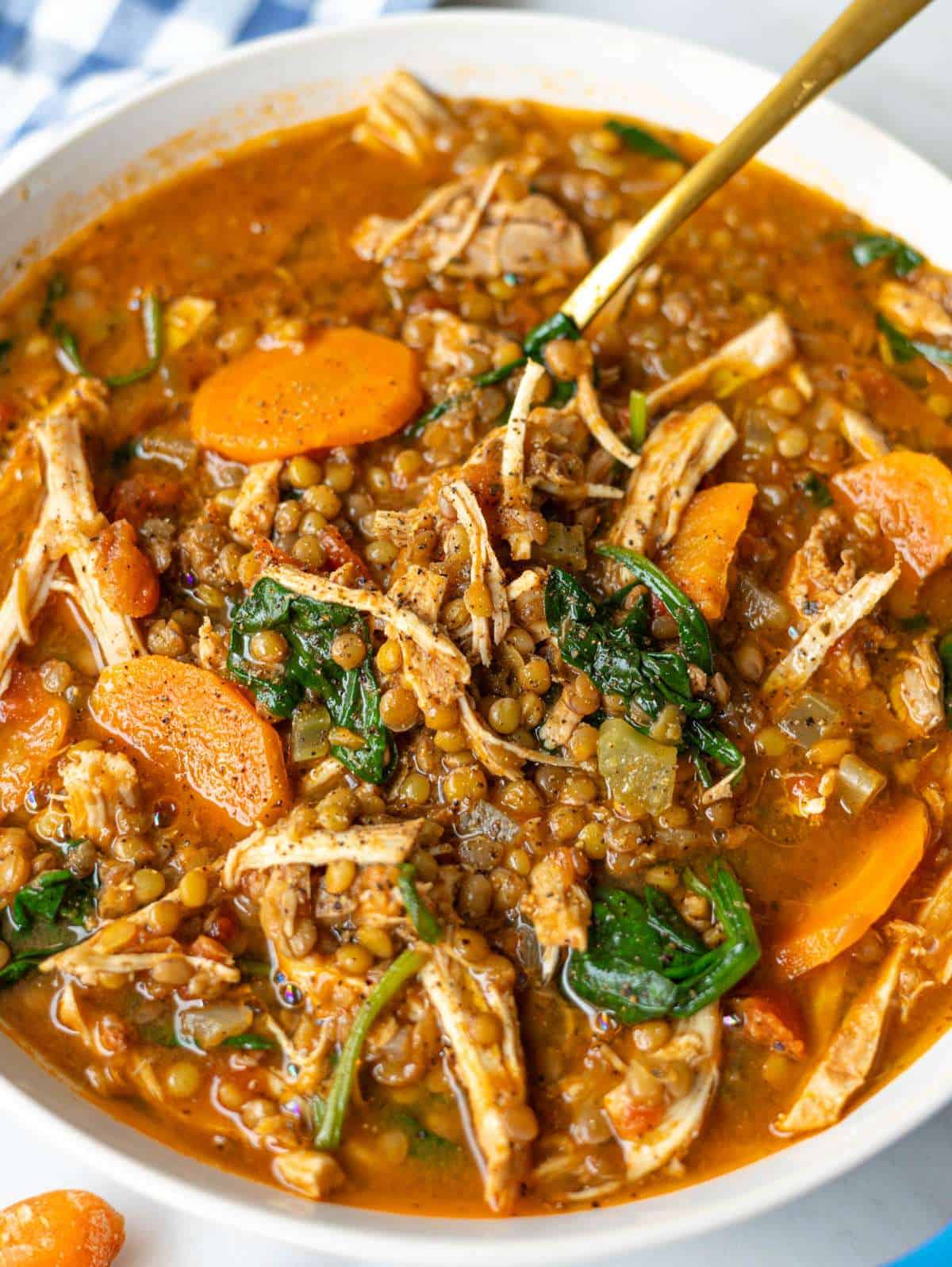 Close-up of chicken lentil soup showing tender chicken, lentils, and carrots in broth.