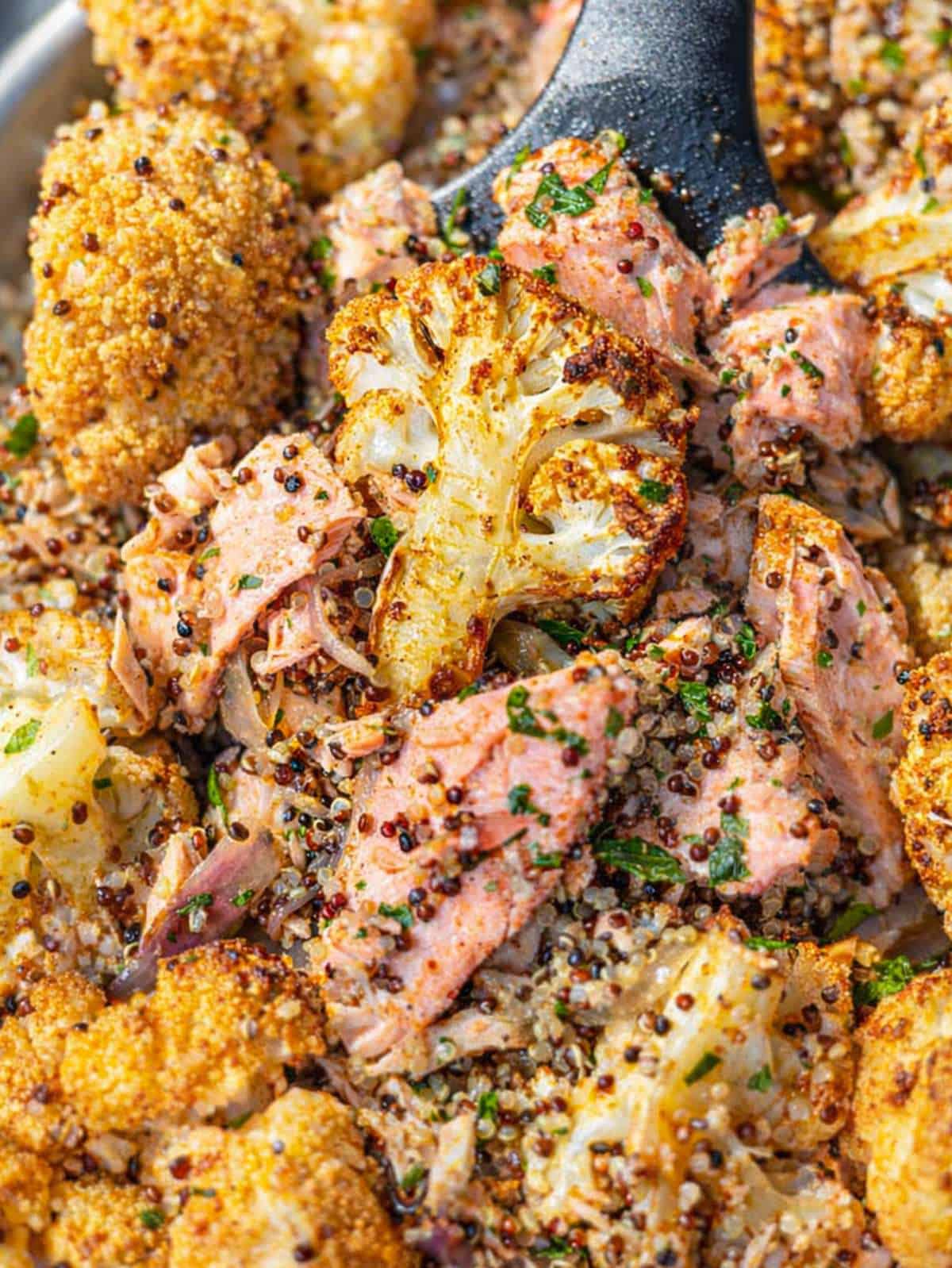 Close-up of flaky roasted salmon and caramelized cauliflower coated in shawarma spices.