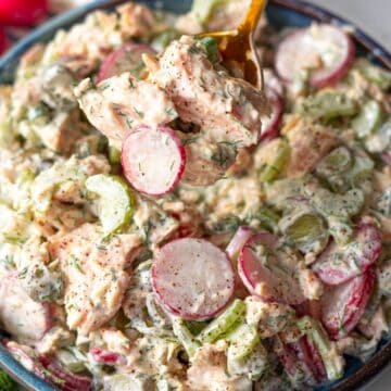 Feature image of creamy salmon salad close up served in a bowl.