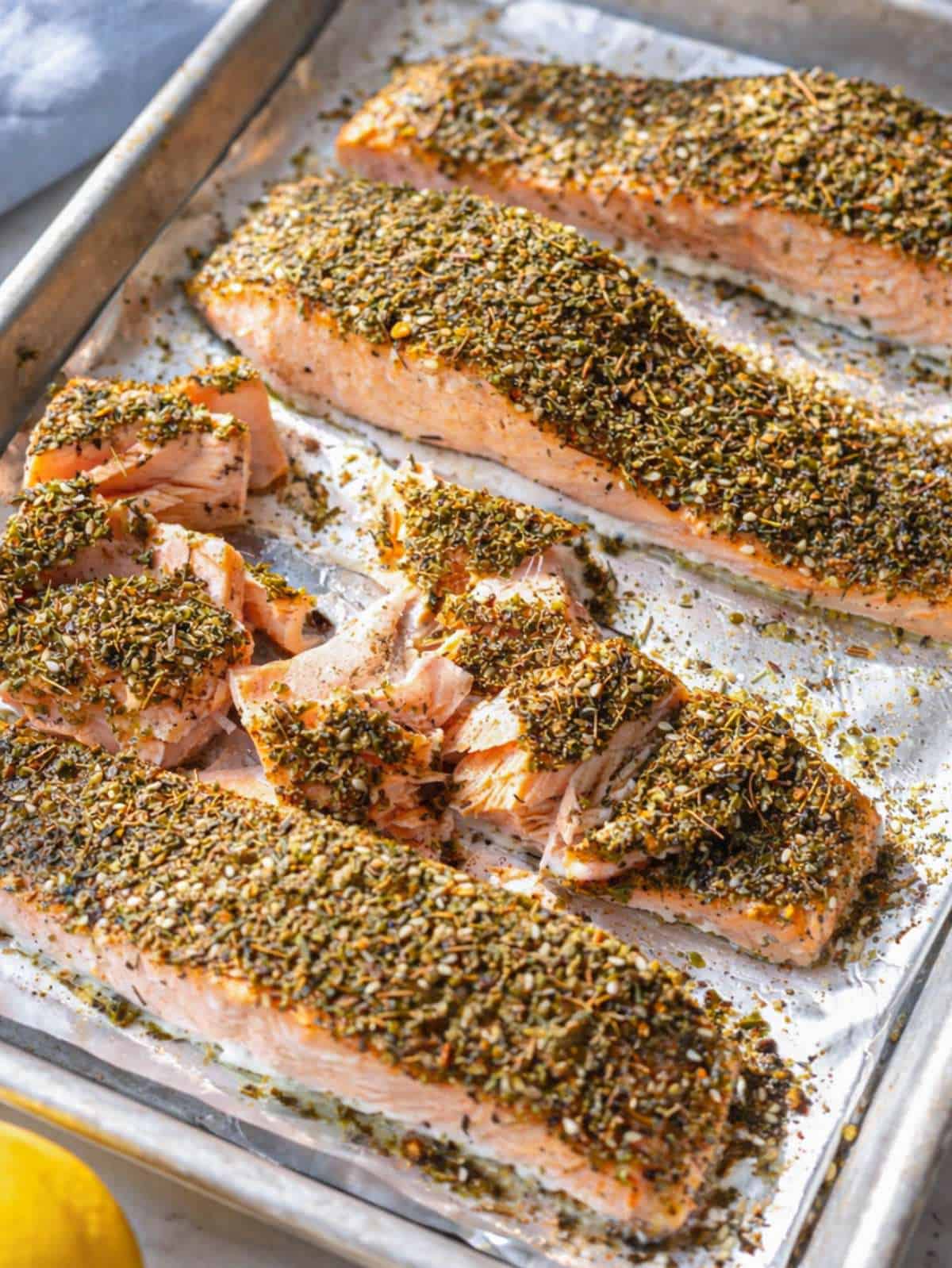 Flaky roasted salmon fillets crusted with za’atar and olive oil.