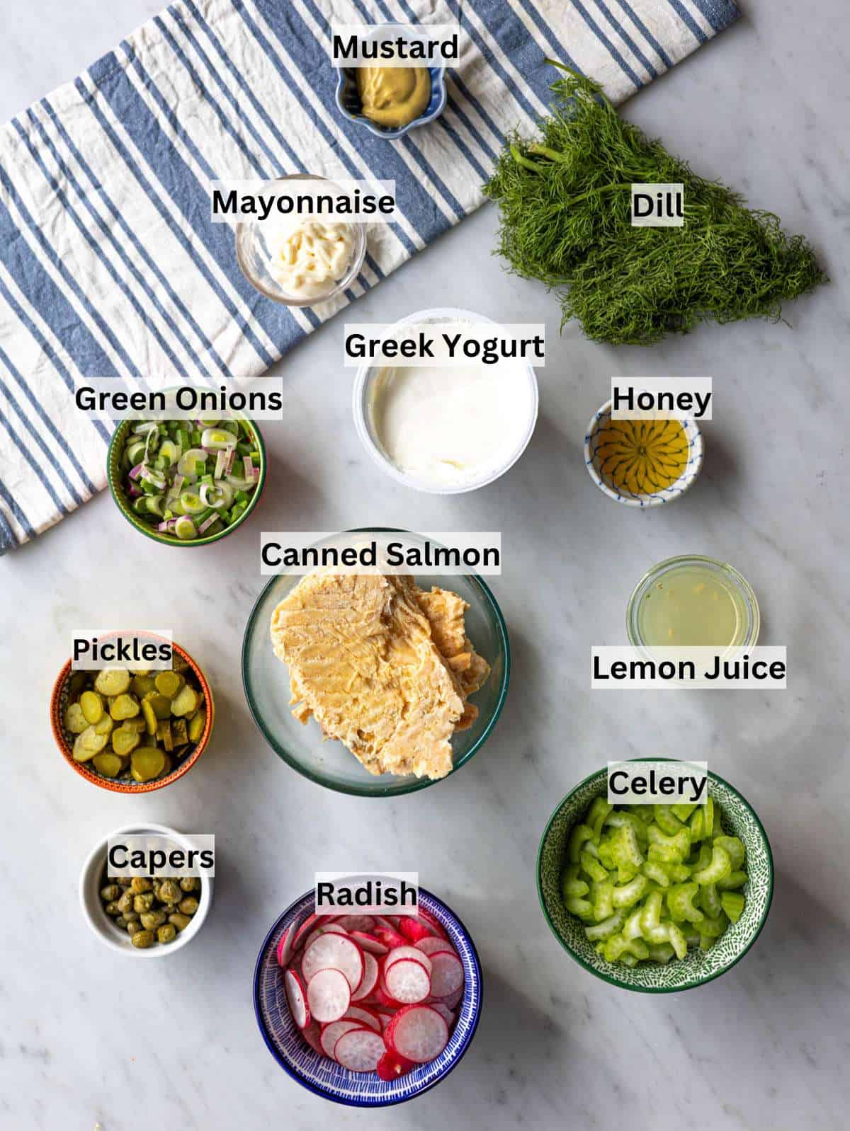 Ingredients for salmon salad arranged on a countertop with canned salmon vegetables herbs and yogurt.