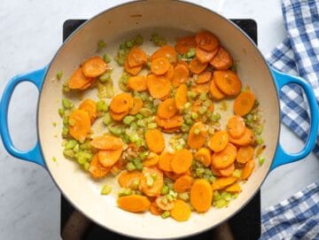 Step 1 Sautéed onion, celery, carrots, and garlic softening in olive oil in a large pot.