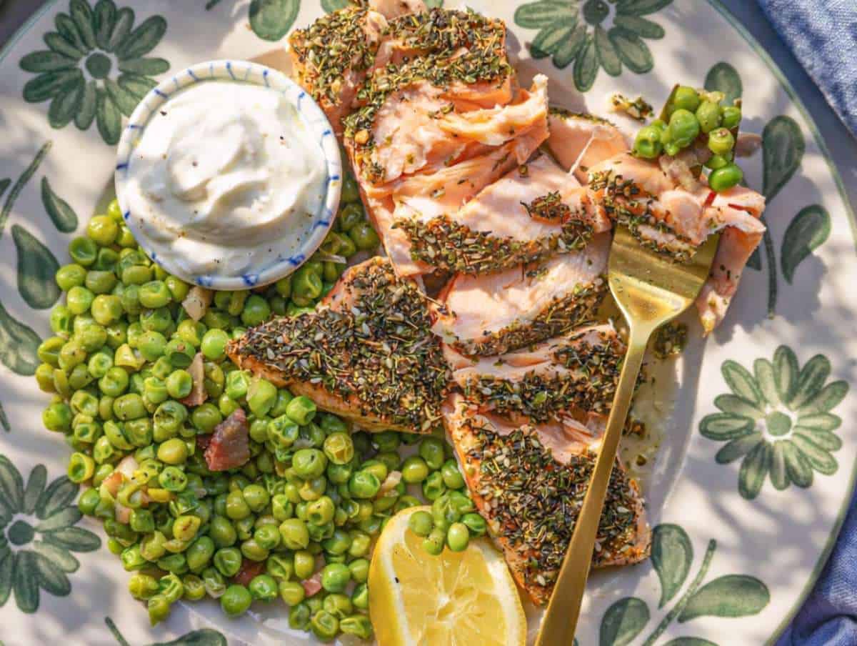 Step 4 Flakey za'atar salmon roasted to perfection and served with sautéed peas and yogurt.