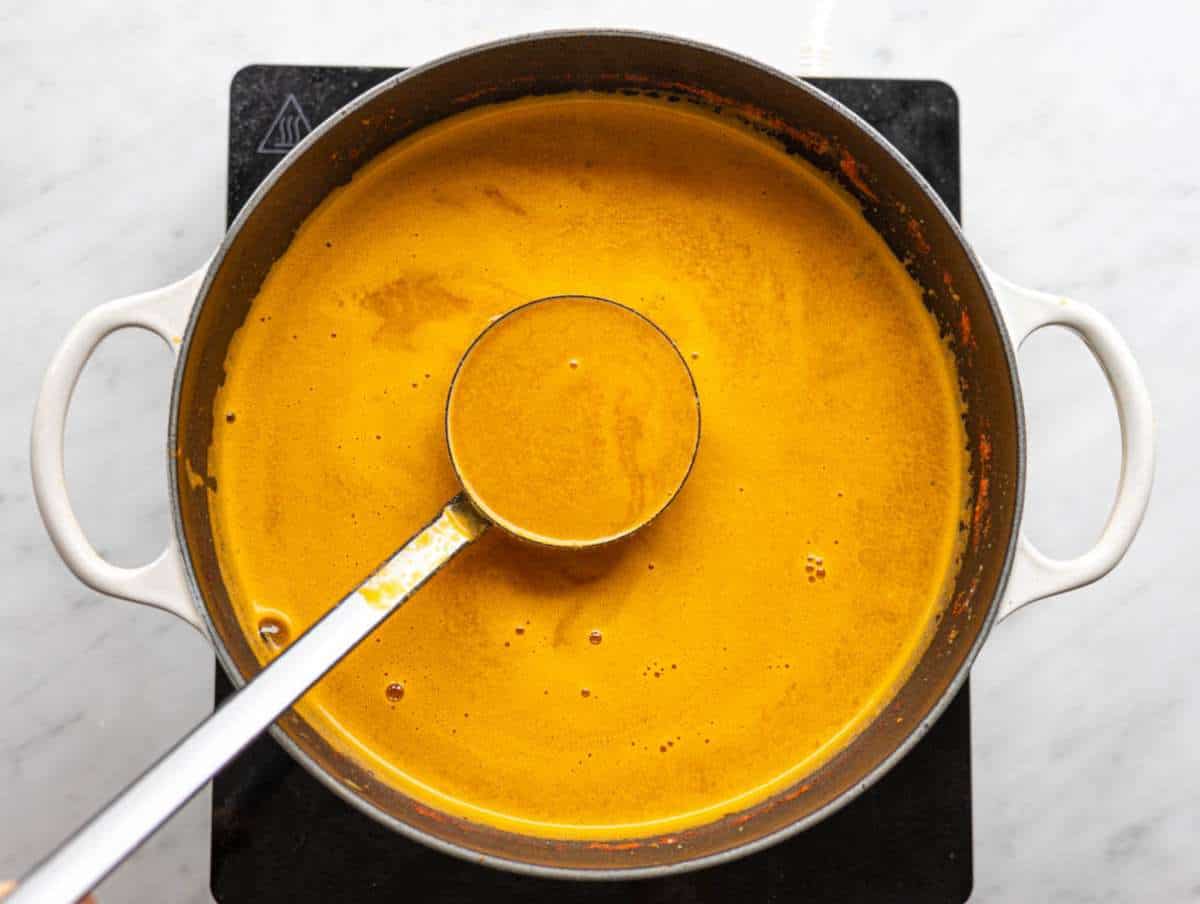 Step 4 Vegetables pureed with an immersion blender turned into smooth, golden broth.