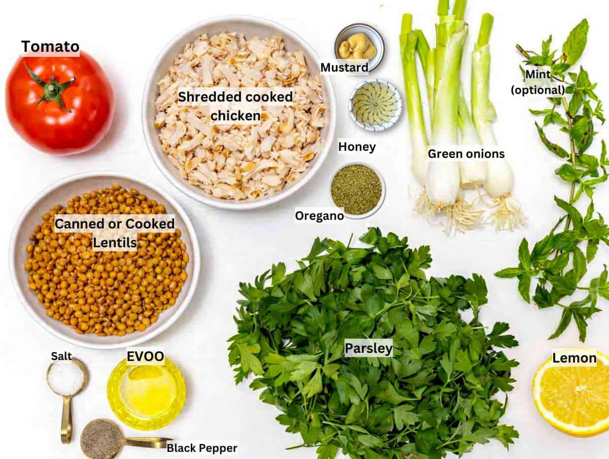 Bowls of shredded chicken, lentils, tomatoes, parsley, dill, and lemon on table.