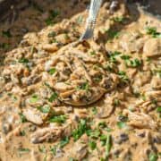 Skillet of Easy Chicken Stroganoff served family style.