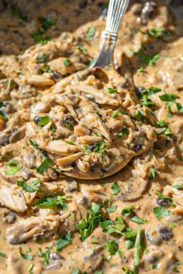 Skillet of Easy Chicken Stroganoff served family style.