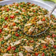 Spoon lifting Mediterranean chicken lentil salad showing herbs and lentils.