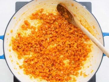 Step 1 Chopped onion, carrot, and celery sautéing gently in olive oil.