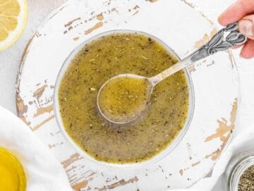 Step 1 Olive oil, lemon juice, mustard, and oregano whisked in small mixing bowl.