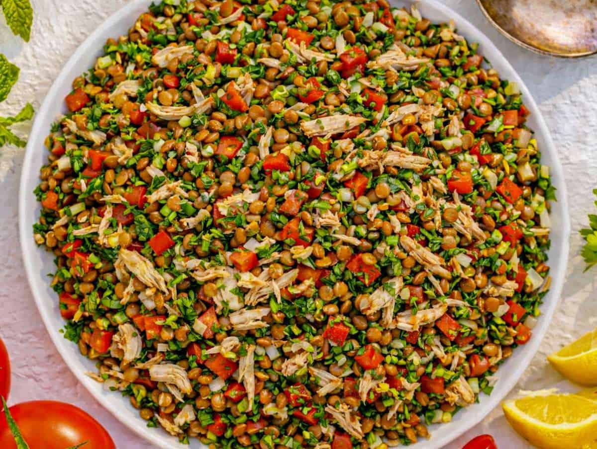 Step 3 Mixed Mediterranean chicken lentil salad ready to taste and adjust seasoning