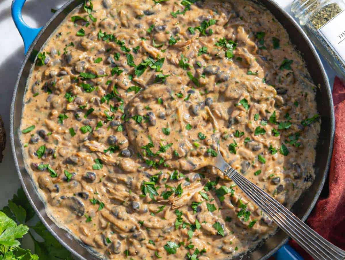 Step 5 Greek yogurt stirred into hot stroganoff off the heat.