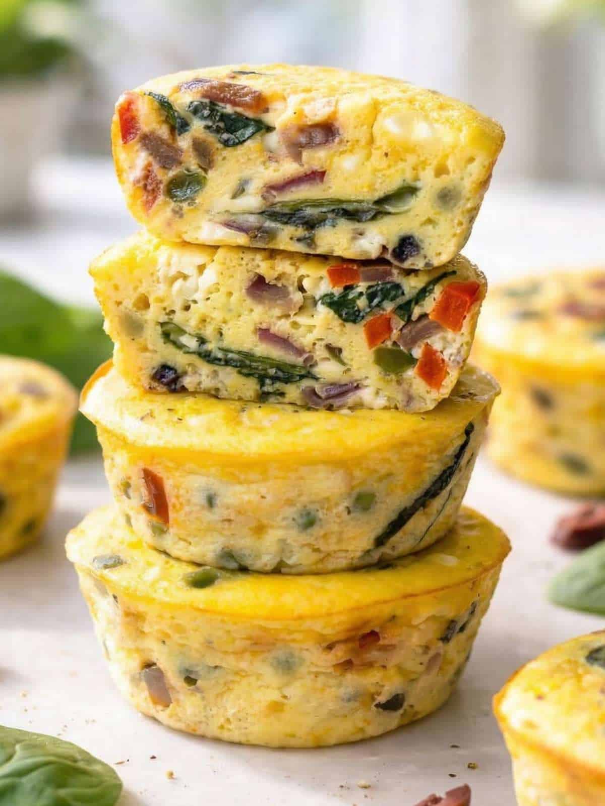 Close-up of a fluffy egg muffin showing the airy, custard-like center and melted feta.