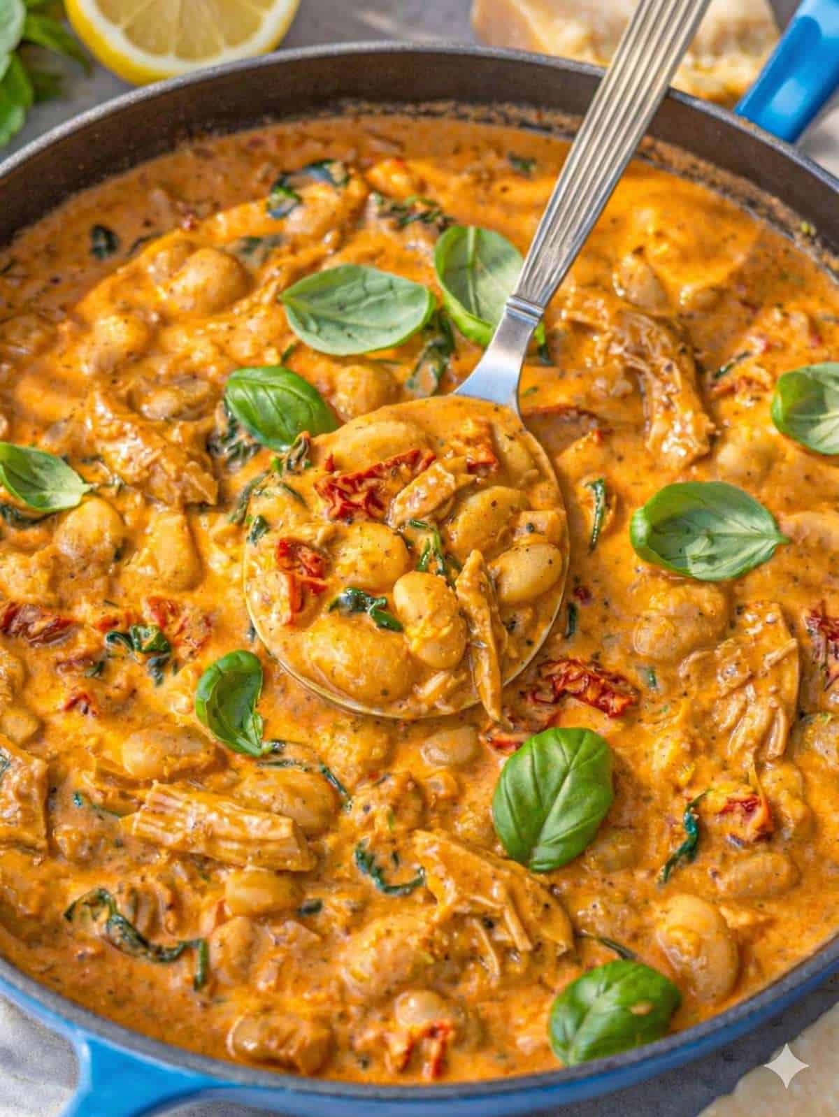 Close-up of creamy chicken, butter beans, and spinach in rich tomato yogurt sauce.
