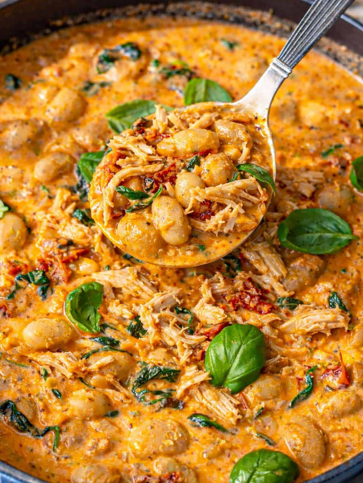 Skillet of creamy chicken and beans with basil garnish in soft natural window light.