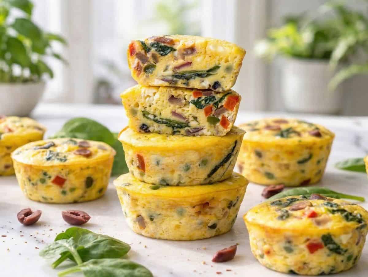Stack of three Greek yogurt egg muffins on white marble showing vibrant red peppers and spinach.