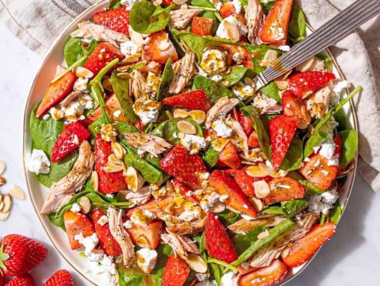 Step 4 Drizzling dressing over finished salad with feta and toasted almonds.
