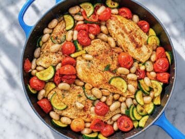 Step 3 Chicken simmering with butter beans and broth in a large skillet.