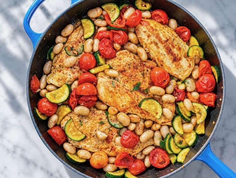 Step 3 Chicken simmering with butter beans and broth in a large skillet.
