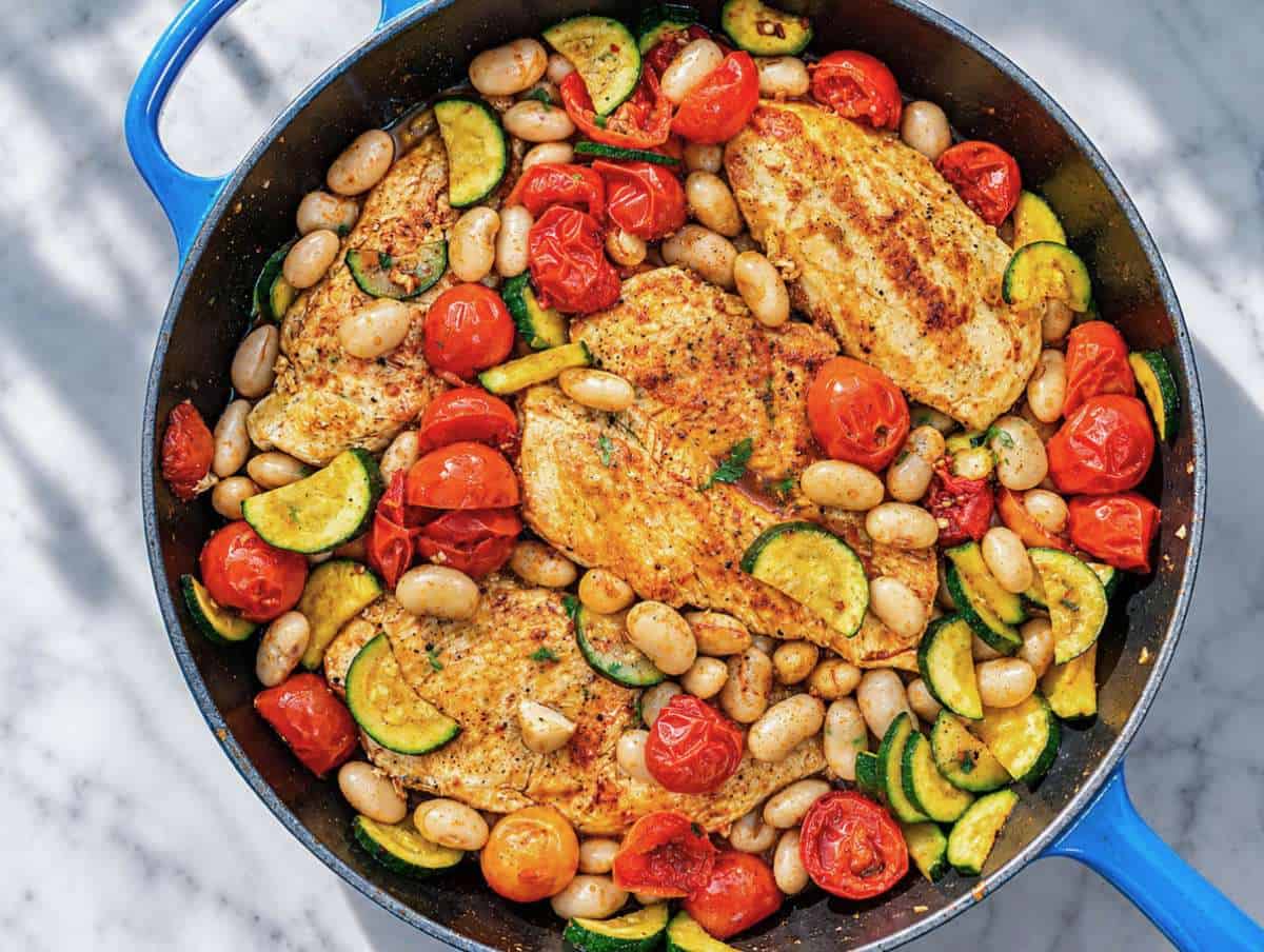 Step 3 Chicken simmering with butter beans and broth in a large skillet.