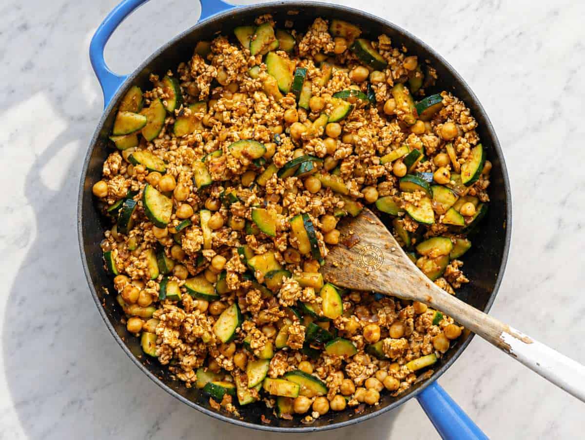 Step 3 Ground turkey returned to skillet with chickpeas and zucchini with herbs.