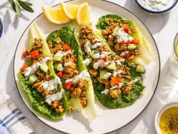 Step 4 Lettuce leaves filled with turkey, cucumber, and creamy yogurt sauce.