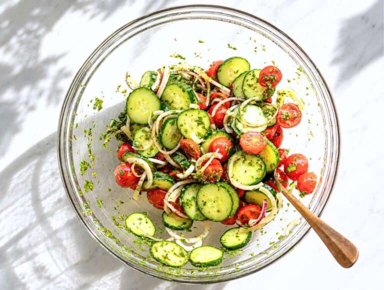 Step 3 Vegetables tossed with dressing in mixing bowl.